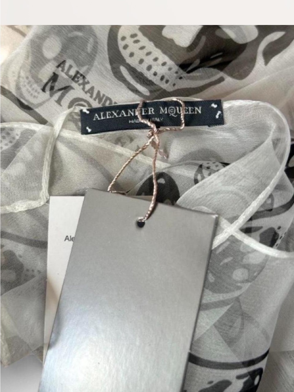 NWT Alexander McQueen Silk Skull Square Scarf Sheer White Black Italy Authentic - Picture 4 of 8